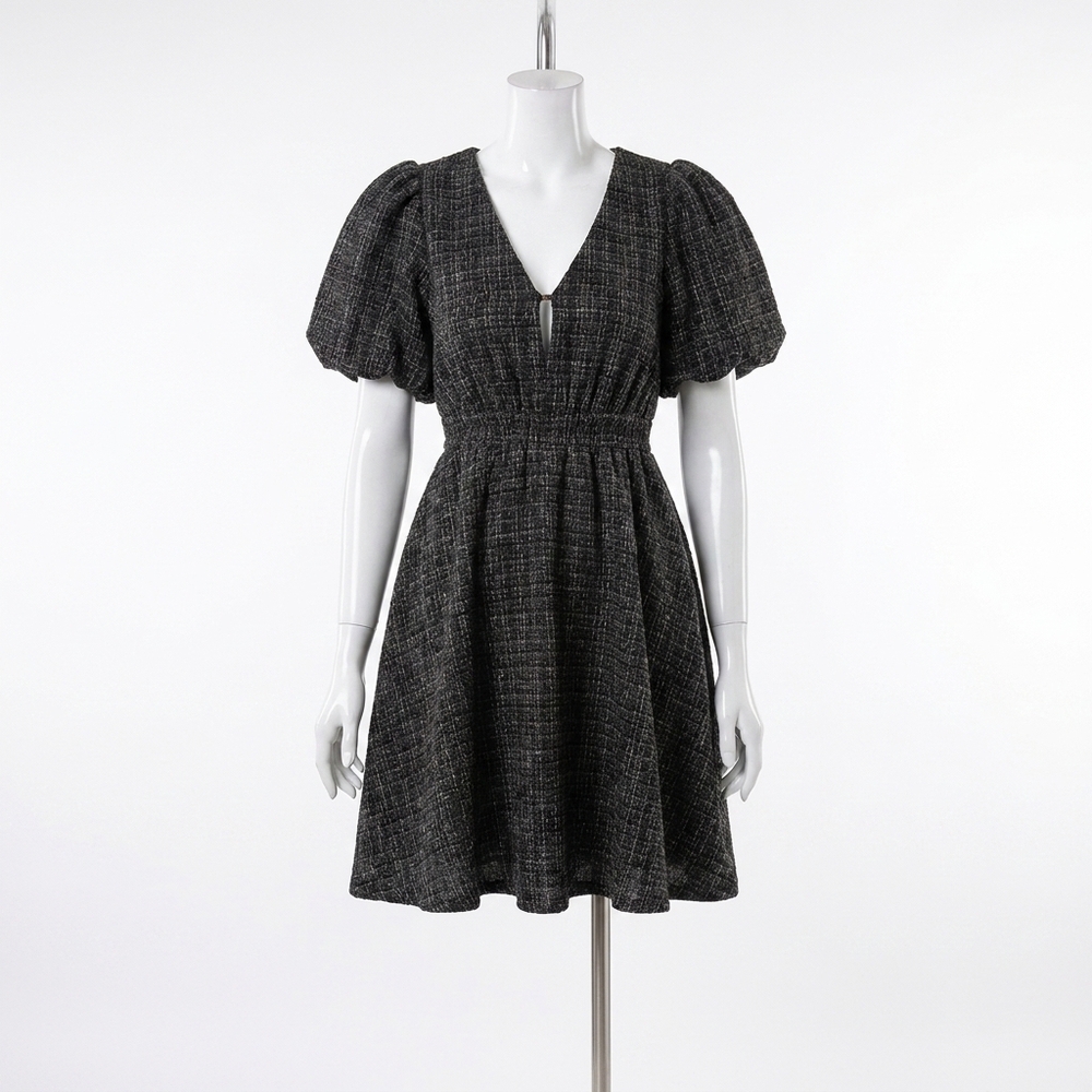 NEW MEET ME IN SANTORINI tweed deep v puff sleeve mini dress in ebony